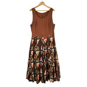 Sleeveless Dress Full Skirt African Print Brown Black Sz XL Tuckable Skirt Boho